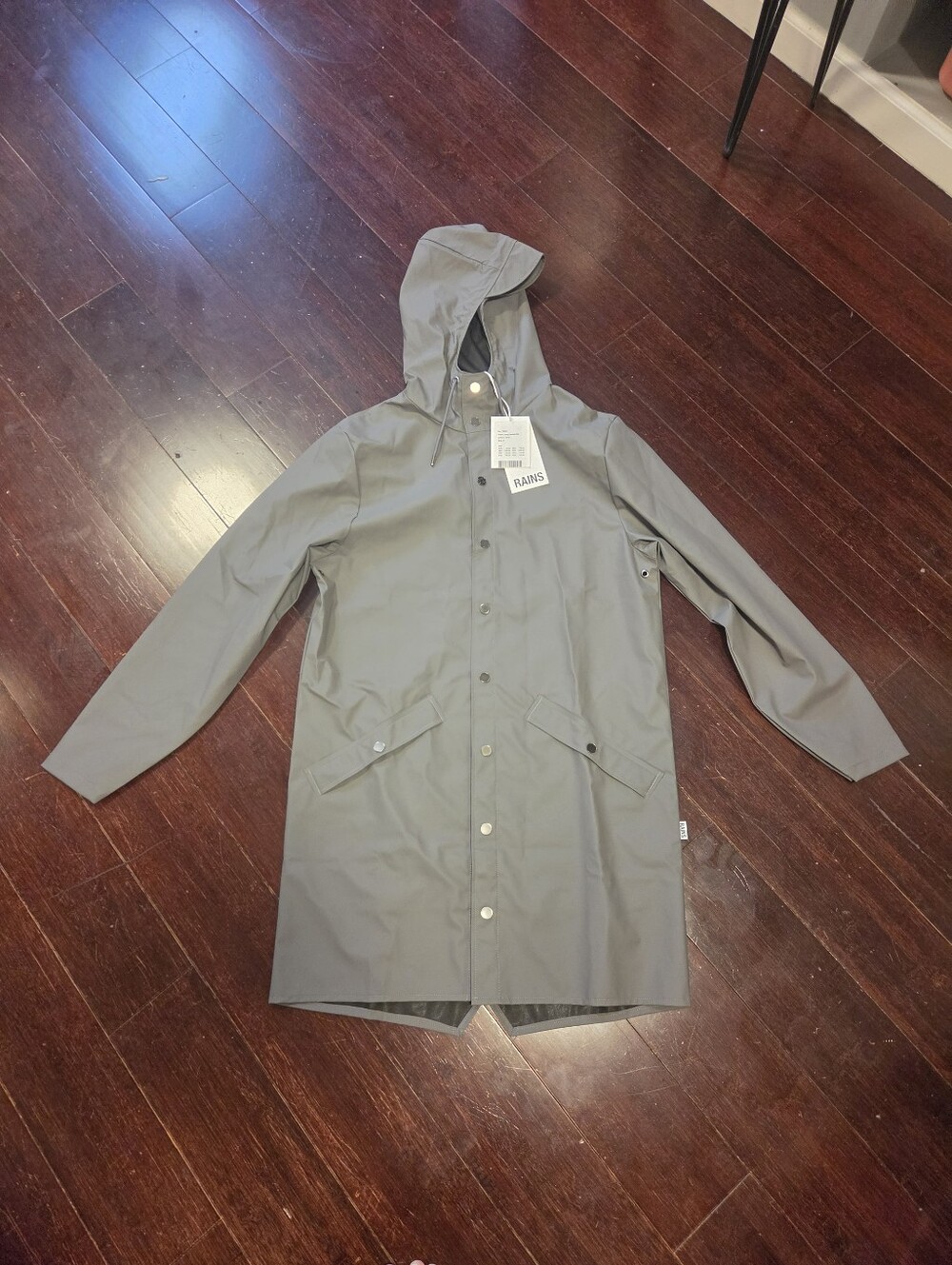 RAINS Long Rain Jacket. Size Small. Grey. New With Tags.